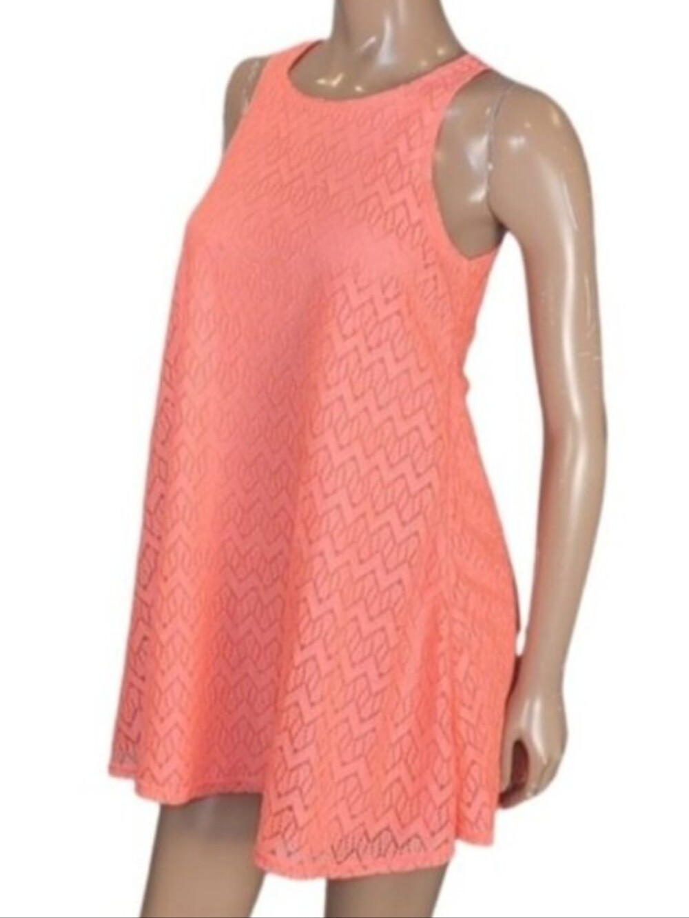 B Famous #USA Neon Coral Chevron Lace Mini Dress Sleeveless Womens Medium
